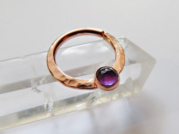 amethyst septum ring rose gold filled, rose gold hammered septum ring, amethyst septum hoop, stone nose ring,  gemstone septum ring