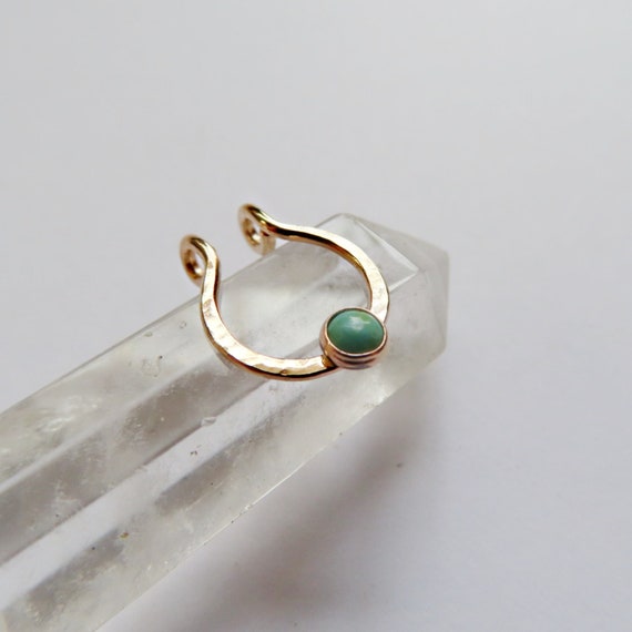 fake septum ring in gold filled with turquoise stone, faux nose hoop, no piercing required clip on septum jewelry in snug or loose fitting