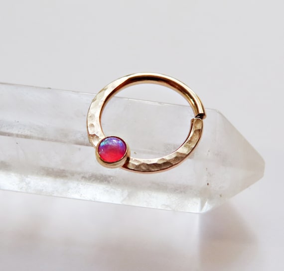 gold filled septum ring with pink opal, hammered daith hoop, nipple piercing available in 20, 18, and 16 gauge and 8, 9, 10mm