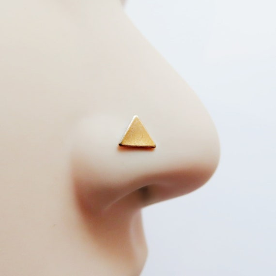 Gold filled triangle nose stud, 14k gold filled L shaped nose piercing measuring 6mm, available in 22 gauge, 20 gauge, and 18 gauge
