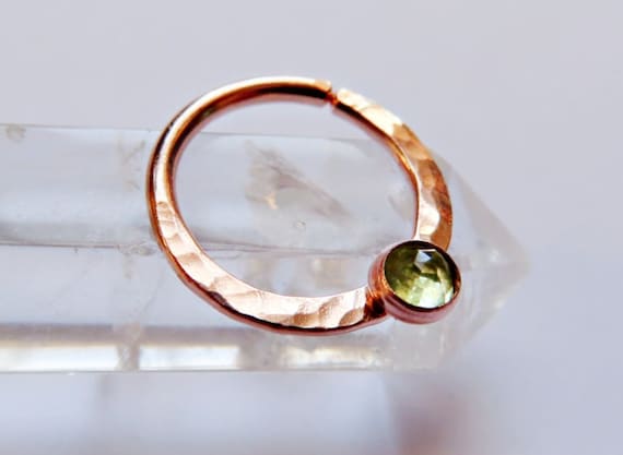 rose gold filled daith earring with peridot stone, daith ring available in 22 gauge, 20 gauge, 18 gauge, 16 gauge and 8mm, 9mm, and 10mm