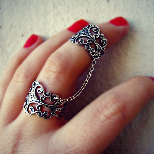 silver double ring, armor ring connected rings, ring set, filigree ring, vintage style ring