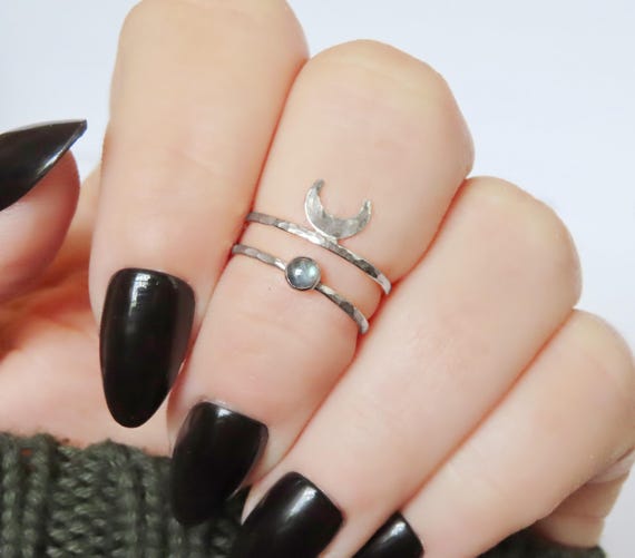Sterling silver knuckle rings with moon and labradorite, hammered stackable midi rings, single ring or pair choose sizes 1-5
