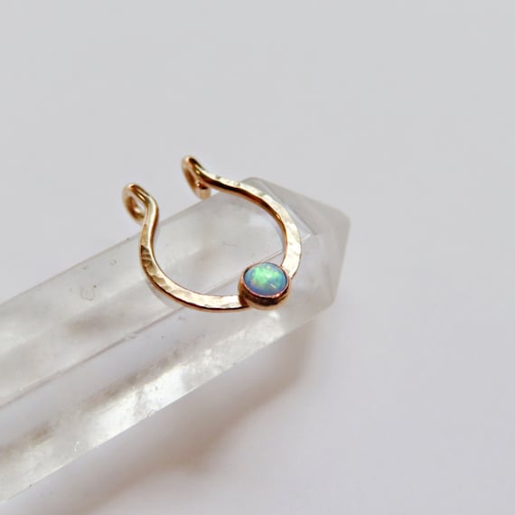blue opal faux septum ring gold filled, fake septum piercing, hammered septum hoop no piercing required, gold septum cuff, 18 gauge