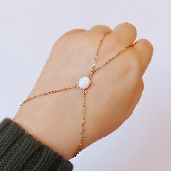 gold filled hand chain with white opal and adjustable clasp, bracelet ring made with dainty chain, body jewelry