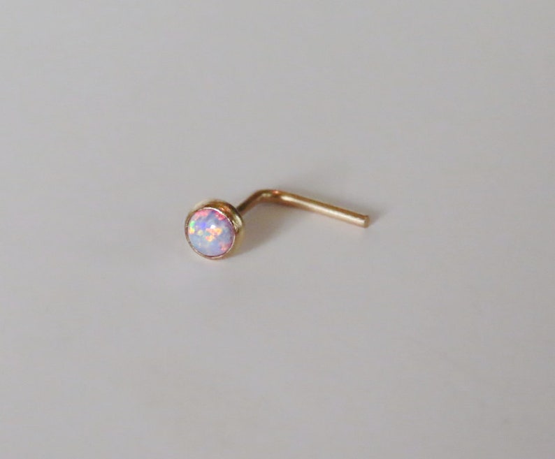 purple opal nose stud 14k gold filled, small L shape gemstone nose stud in gold filled, 6mm long minimalist nose stud with purple opal image 2