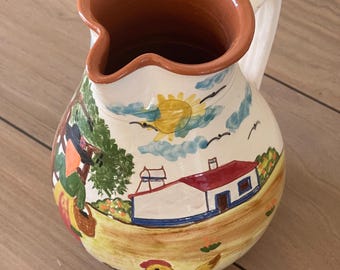 Corval Portugal Hand Painted Ceramic Pitcher • Folk Scene Jug, Rustic Vase