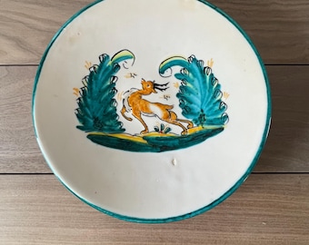 Bol de cerámica española vintage – Motivo de zorro pintado a mano, cerámica rústica, frutero decorativo