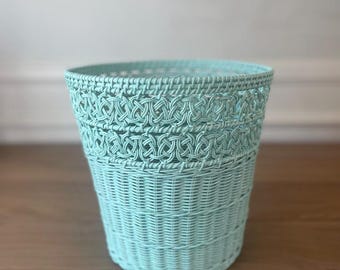 Vintage Seafoam Wicker Wastebasket | Handwoven Rattan Trash Can | Coastal Decor 1980s