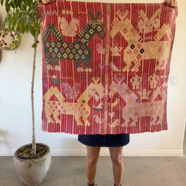 Vintage Guatemalan Horse Textile Panel | Handwoven Cotton Folk Art Wall Hanging