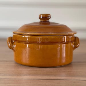Vintage French Stoneware Casserole Dish, Caramel Glaze Dijon Pottery, Rustic Cookware