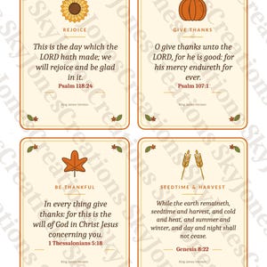 May include: Four rectangular cards with cream backgrounds and orange borders. Each card features a seasonal icon, a title, and a Bible verse. Icons include a sunflower, pumpkin, maple leaf, and wheat stalks. Text includes Psalm 118:24, Psalm 107:1, 1 Thessalonians 5:18, and Genesis 8:22.