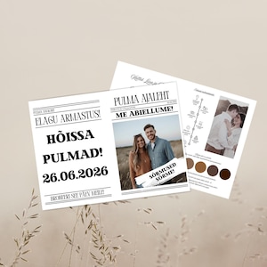 以下が含まれることがあります： テキストと写真が掲載された3枚の結婚発表カード。メインカードには「ELAGU ARMASTUS！HÕISSA PULMAD！26.06.2026」と書かれています。別のカードには、カップルの写真とともに「PULMA AJALEHT ME ABIELLUME！」と書かれています。3枚目のカードには、タイムラインとカラーサンプルが表示されています。