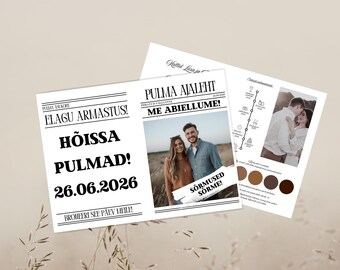 Save the date, Pulmakutse, Pulma leht, Pulma ajaleht, Pulm, Muudetav canvassjabloon, trouwkrant in het Ests, Prinditav fail, A3