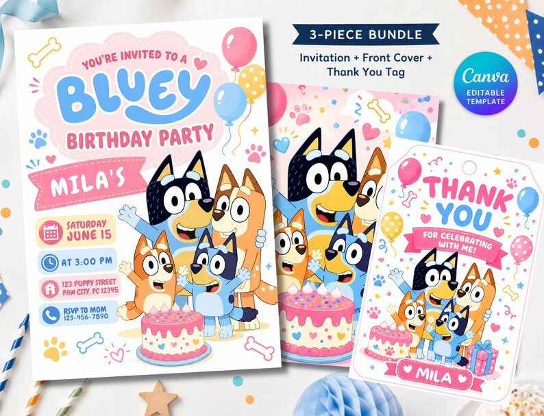 May include: A three-piece Bluey-themed birthday party bundle. The set includes an invitation, front cover, and thank you tag. The invitation features the text "You're Invited to a Bluey Birthday Party" with event details. The thank you tag says "Thank You for Celebrating with Me!"
