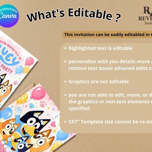 May include: A digital birthday party invitation template featuring Bluey characters, balloons, and confetti. The text reads 'What's Editable?', 'You're invited to a Bluey Birthday Party', and 'Mila's'. It includes instructions for editing in Canva.