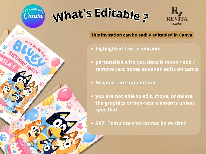 May include: A digital birthday party invitation template featuring Bluey characters, balloons, and confetti. The text reads 'What's Editable?', 'You're invited to a Bluey Birthday Party', and 'Mila's'. It includes instructions for editing in Canva.