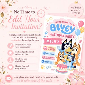 May include: A digital birthday party invitation template featuring Bluey characters, a pink cake, and balloons. The text reads: You're invited to a Bluey birthday party, Mila's, Saturday June 15, at 3:00 PM, 123 Puppy Street, Paw City, PC 12345, RSVP to Mom 123-456-7890. The background is light pink with floral accents.
