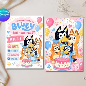 May include: Two rectangular birthday party invitations featuring Bluey characters. The left card includes text for a party on Saturday June 15 at 3:00 PM at 123 Puppy Street. Both cards display colorful balloons, paw prints, and a birthday cake.