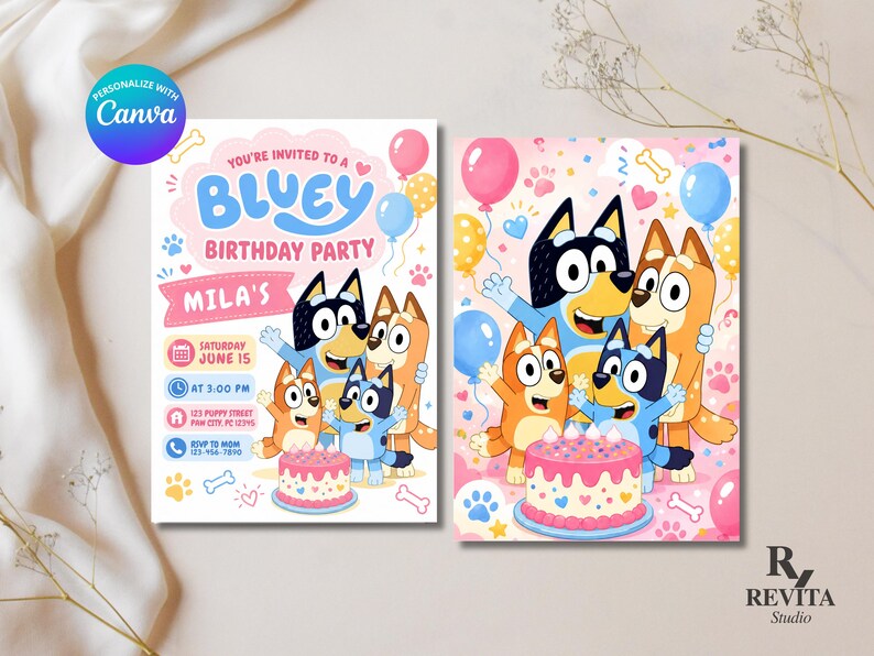 May include: Two rectangular birthday party invitations featuring Bluey characters. The left card includes text for a party on Saturday June 15 at 3:00 PM at 123 Puppy Street. Both cards display colorful balloons, paw prints, and a birthday cake.