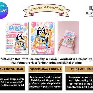May include: A digital Bluey birthday party invitation template featuring the Bluey family characters, a pink birthday cake, balloons, and customizable text fields for event details. The design includes a pink and blue color scheme with paw print accents.
