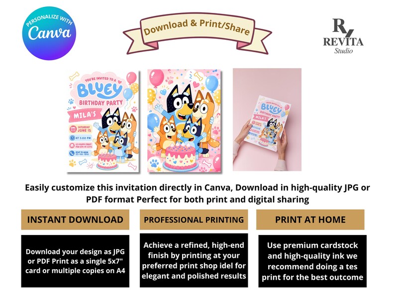 May include: A digital Bluey birthday party invitation template featuring the Bluey family characters, a pink birthday cake, balloons, and customizable text fields for event details. The design includes a pink and blue color scheme with paw print accents.