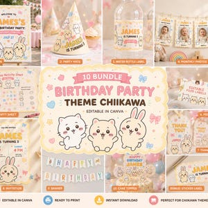 May include: A 10-piece digital birthday party bundle featuring a Chiikawa theme with pastel yellow, pink, and blue accents. Includes editable templates for a welcome sign, party hats, water bottle labels, monthly photos, activity sheets, food labels, thank you tags, invitations, a banner, and cake toppers.