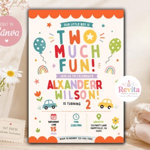 Two Much Fun Birthday Invitation, 2nd Birthday Invite Boy, Playful Modern Party Invite, Boy Second Birthday, Editable Canva Template