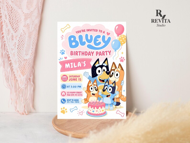May include: A rectangular birthday party invitation featuring Bluey characters, a pink cake, and balloons. Text includes: YOU'RE INVITED TO A BLUEY BIRTHDAY PARTY, MILA'S, SATURDAY JUNE 15, AT 3:00 PM, 123 PUPPY STREET PAW CITY, PC 12345, and RSVP TO MOM 123-456-7890.