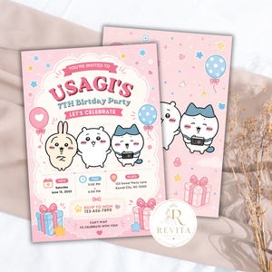 Kawaii Chiikawa Birthday Invitation, Pink Pastel Chibi Cartoon Party (Digital Download)