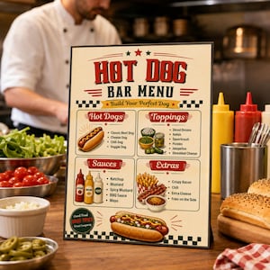 May include: A rectangular menu sign with a cream background and red and green text titled HOT DOG BAR MENU. It features illustrations of hot dogs, toppings, sauces, and extras with lists of items including Classic Beef Dog, Relish, and Ketchup.