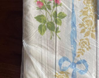 Vintage JCPenney Floral FLAT sheet Pale Federal Blue No Iron Percale NEVER OPENED