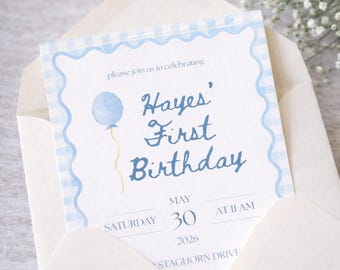 Gingham Birthday Invitation | Editable Scalloped Party Printable 5x7 Canva Template | Customizable First Birthday Invite