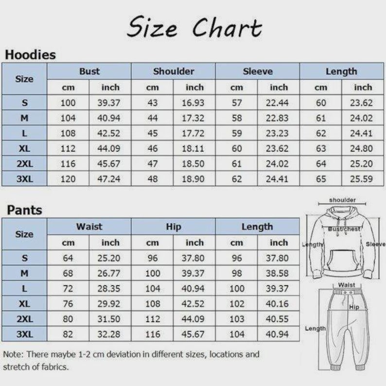 Puede incluir: Una tabla de tallas para sudaderas con capucha y pantalones, con medidas en cent&iacute;metros y pulgadas. La tabla incluye medidas de busto, hombro, manga y largo para sudaderas, y cintura, cadera y largo para pantalones. Las tallas van de la S a la 3XL.