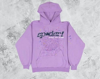 Sudadera con capucha unisex Sp5der morada / Sudadera estilo streetwear extragrande con estampado de telaraña / Sudadera con estampado urbano hip hop