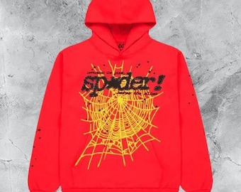 Sudadera con capucha roja unisex Sp5der / Sudadera estilo streetwear extragrande con estampado de telaraña / Sudadera con estampado urbano hip hop