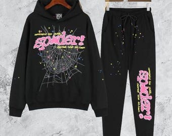 Chándal SP5der negro y rosa / Conjunto de sudadera con capucha y pantalón deportivo para hombre y mujer, estilo streetwear /