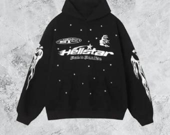 Sudadera con capucha Hellstar Racer Vintage Negra – Sudadera urbana con estampado de llamas, sudadera Hellstar unisex extragrande, jersey urbano Y2K