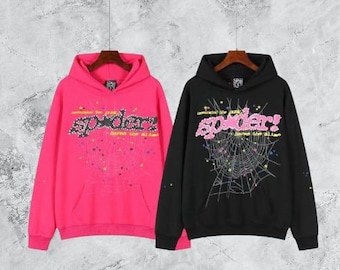 Sudadera con capucha estampada SP5der en negro y rosa, sudadera estilo streetwear extragrande.