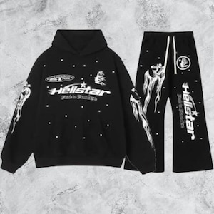 Hellstar Racer Tracksuit Vintage Black – Flame Graphic Streetwear Hoodie and Sweatpants