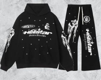 Chándal Hellstar Racer Vintage Negro – Sudadera con capucha y pantalón deportivo con estampado de llamas.