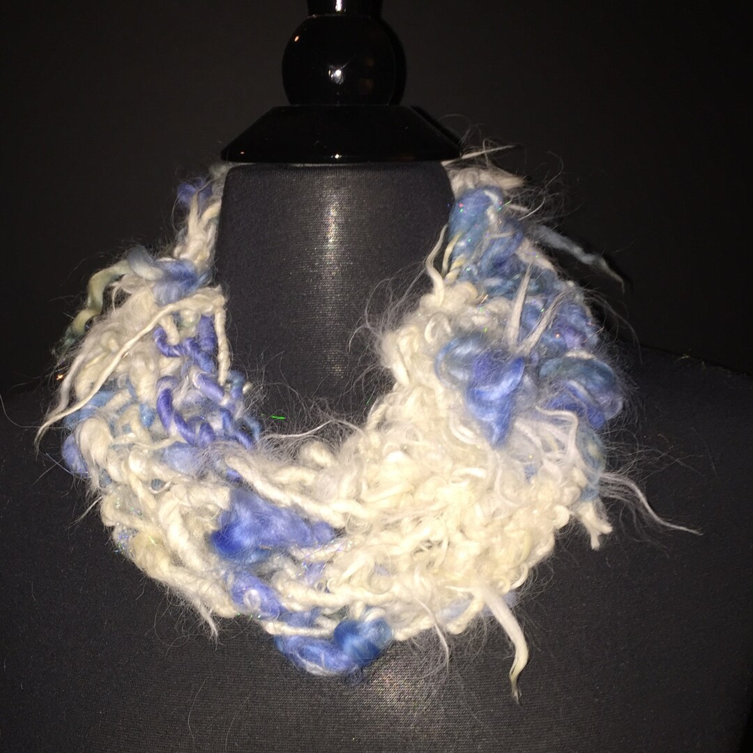 Hand Knit Wensleydale Infinity Scarf: Chunky White and Blue Cowl - Etsy