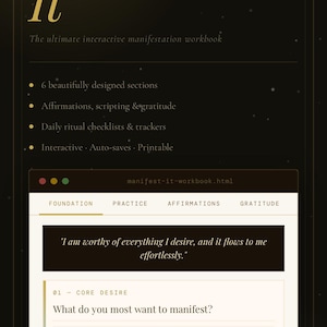 Puede incluir: Cuaderno de trabajo digital titulado "Manifest It" con fondo oscuro y texto dorado. El cuaderno de trabajo incluye secciones sobre afirmaciones, gratitud y listas de verificación de rituales diarios. La imagen también muestra una página de muestra.