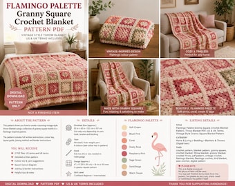 Flamingo Palette Granny Square Crochet Blanket Pattern, Throw Blanket PDF, US & UK Terms, Vintage Style Granny Square Blanket Pattern