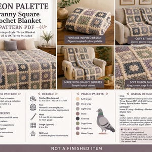 May include: A digital PDF pattern for a vintage-style granny square crochet blanket, featuring a pigeon-inspired color palette. The finished blanket size is approximately 52 x 62 inches. Includes US and UK terms. The pattern is for confident beginners and intermediate crocheters.