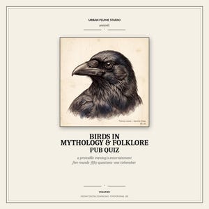 Op de afbeelding: Een digitale print met een gedetailleerde illustratie van de kop van een zwarte kraai. De afbeelding maakt deel uit van een pubquiz getiteld "Birds in Mythology & Folklore", met de tekst "Urban Plume Studio presents."