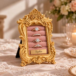 May include: A gold-colored, ornate, rectangular ring display stand with a pink velvet interior featuring four horizontal slots for rings. The stand includes a small, rectangular gold plaque at the bottom with the name Sophia engraved in black.