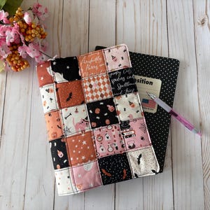 Quilted Halloween Patchwork Notebook Cover, Pink Orange Composition Book Sleeve