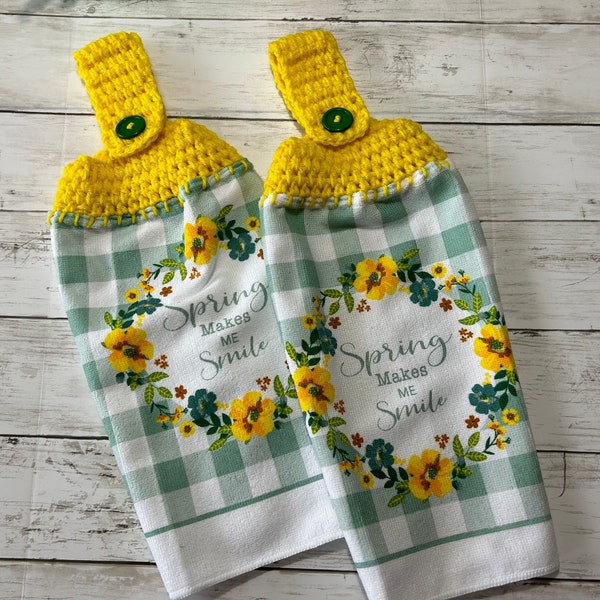 2 Spring kitchen towels in yellow and green with button top crochet