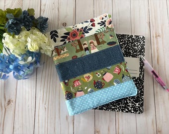Patchwork Mary Poppins Notebook Cover, Blue Green Fabric Book Sleeve